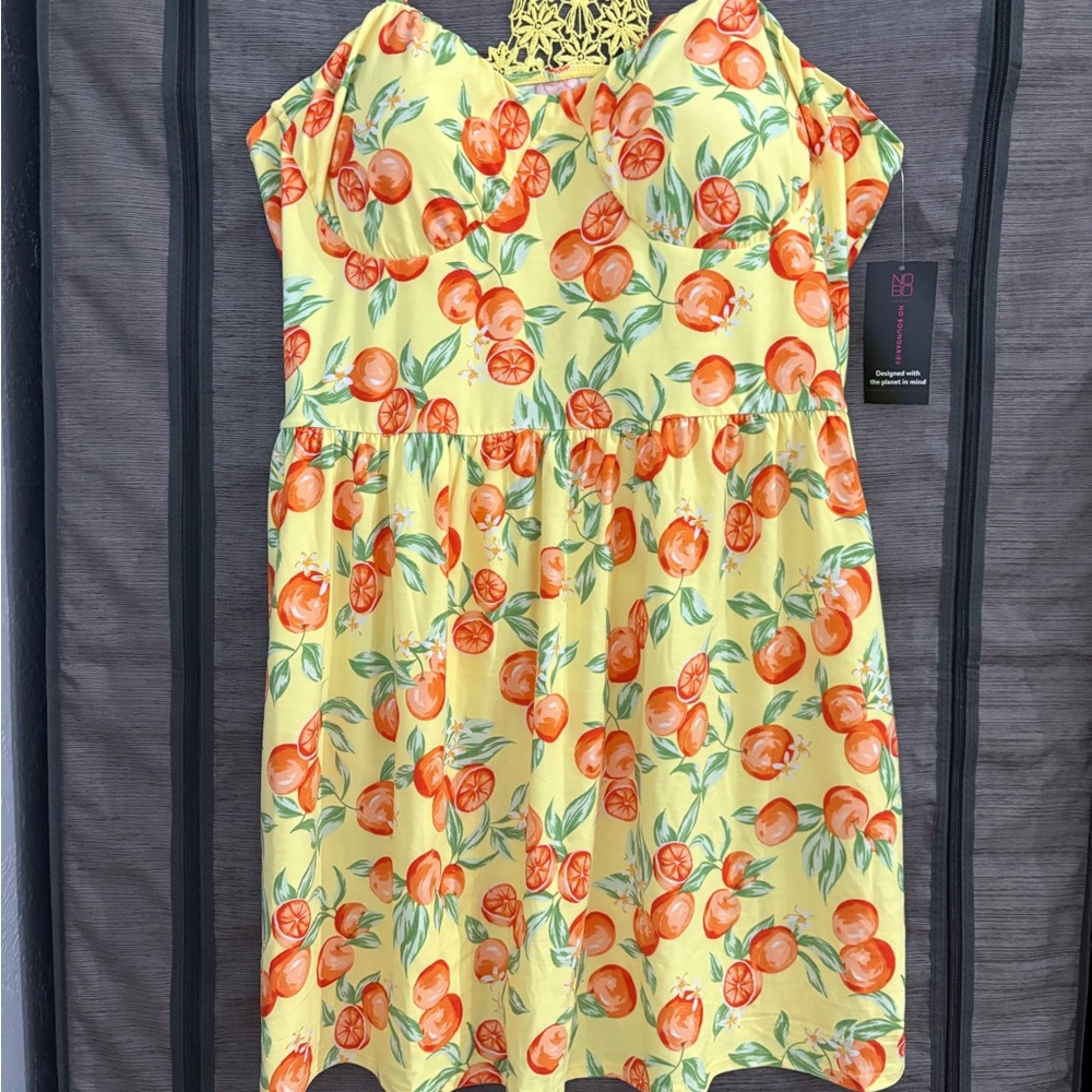 NWT Women’s Yellow Citrus Print Dress with Crochet Back